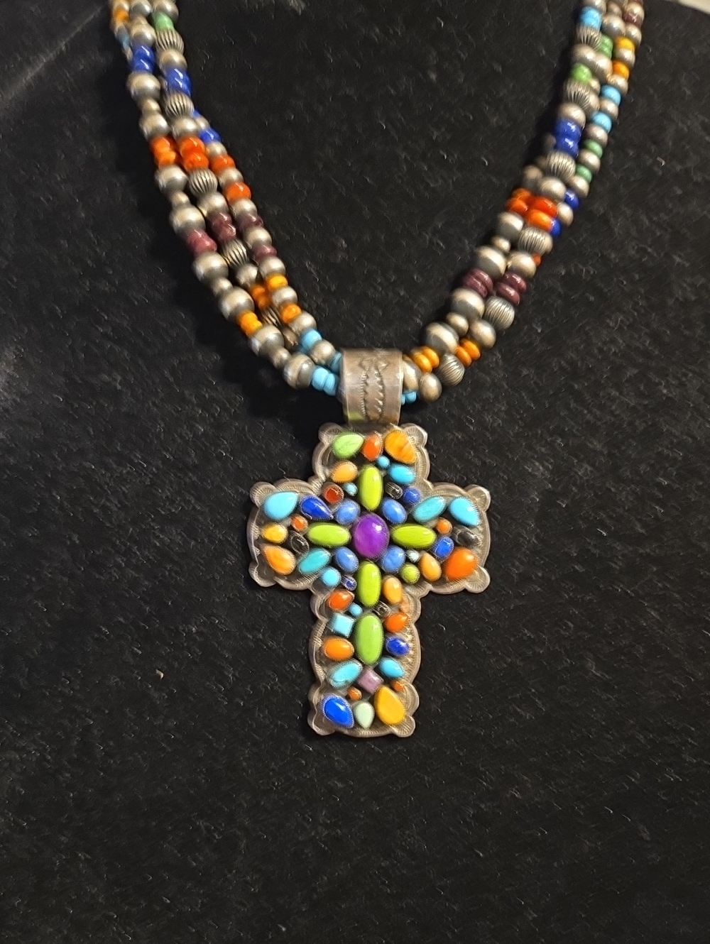 Huge J. Feeney Signed Sterling Silver 3.5" Multi-Stone Cross Pendant Necklace